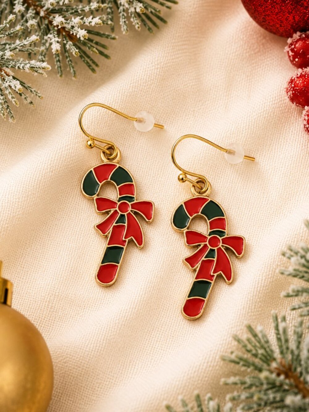 Candy Cane with Bow Christmas Dangle Earrings Red Green Enamel Gold - Picture 1 of 5